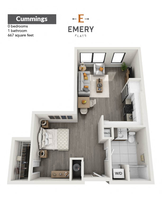 Floor plan for studio, 1 bath, 667 sqft